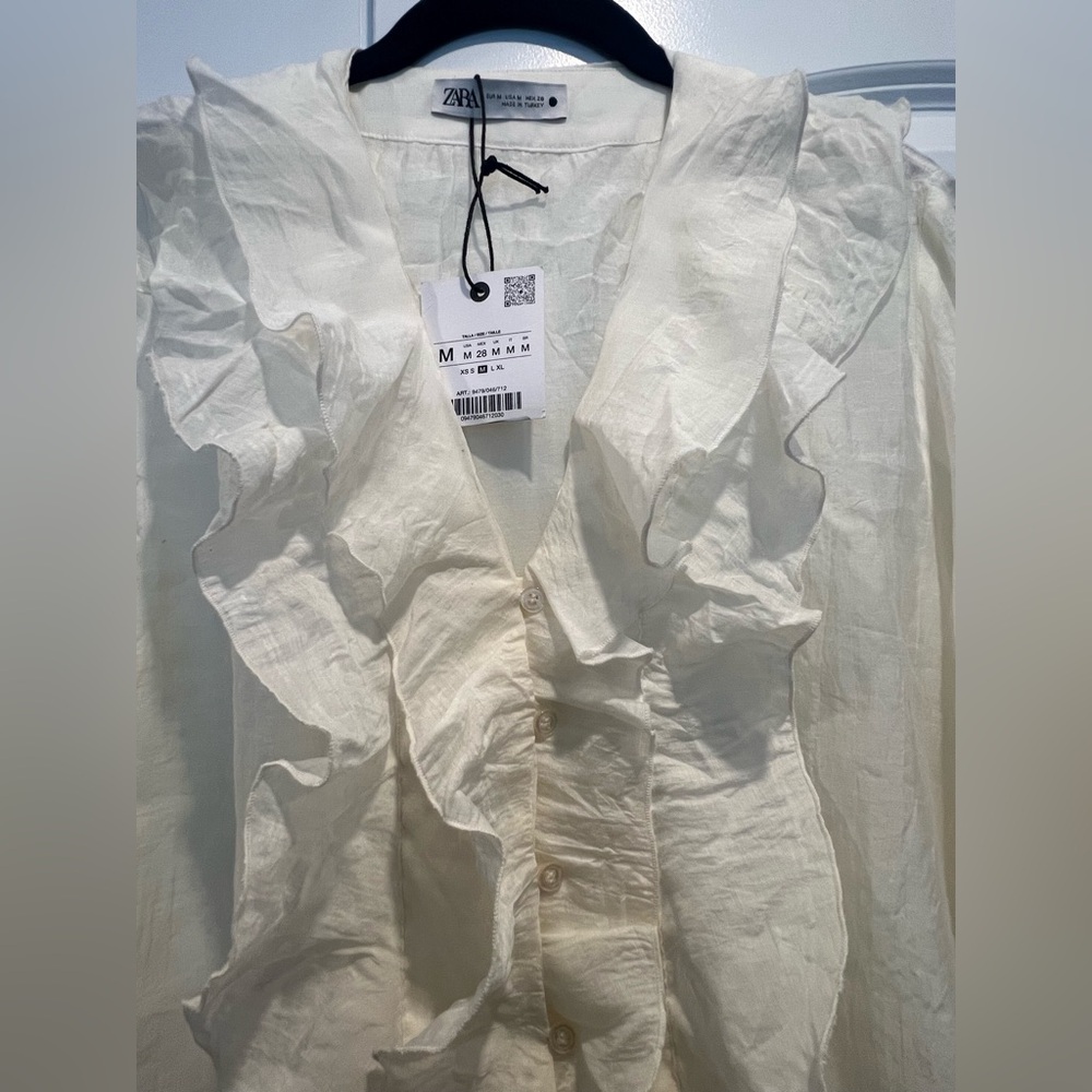Zara White Ruffled Button Down Shirt - Picture 2 of 6